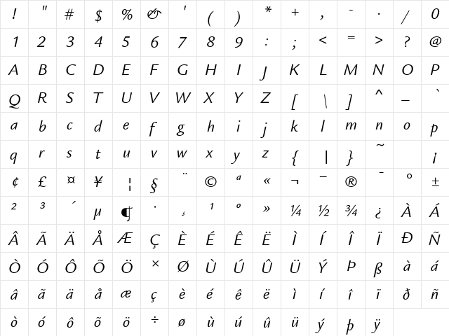 LegacySansITC-Book BookItalic  glyph index