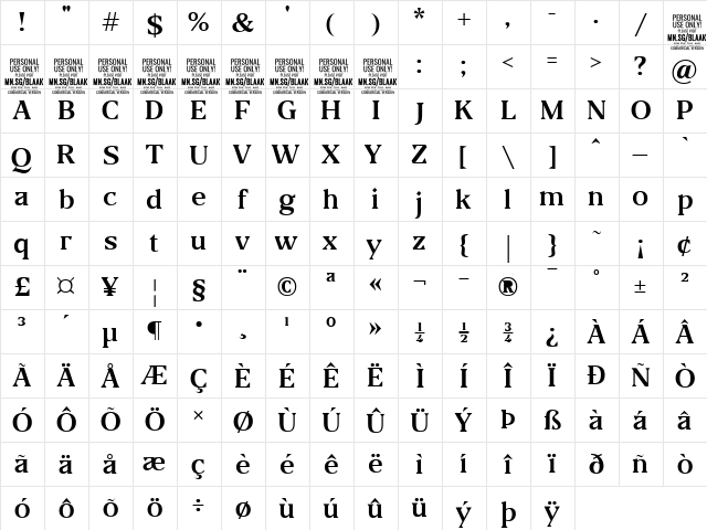 Blaak Regular PERSONAL USE Regular  glyph index