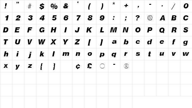 ChoqueSSK Bold Italic  glyph index