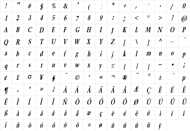 Horn Condensed Bold Italic  glyph index