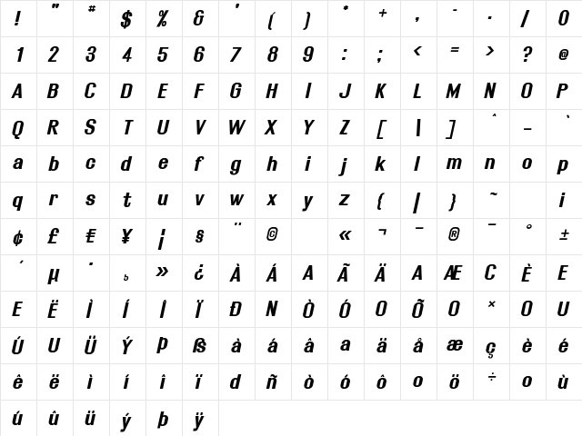 Rollout Bold Oblique  glyph index