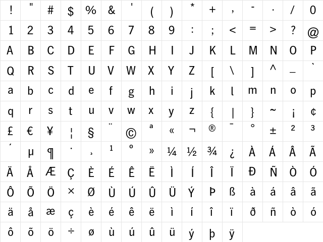 HeidelbergGothicTab Regular  glyph index