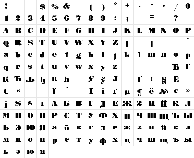 StandardPoster Cyrillic  glyph index