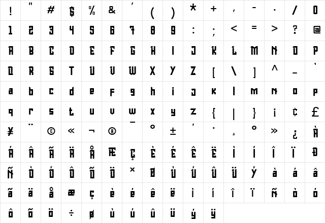 Fastron Regular  glyph index