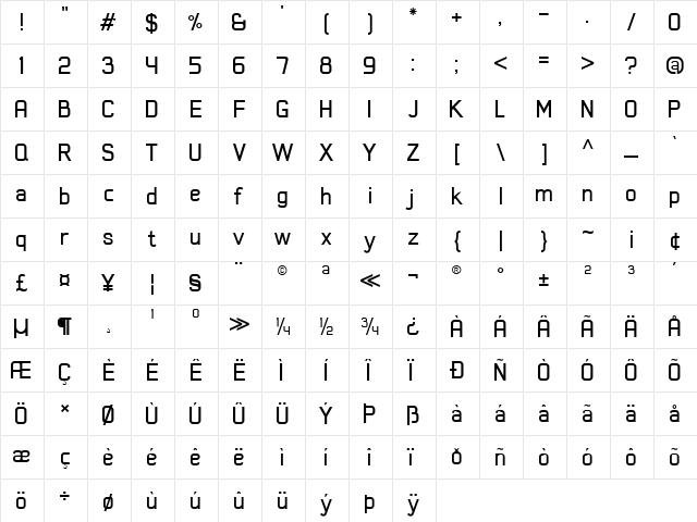 Xelo Regular  glyph index
