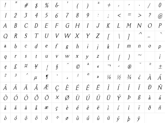 Rory-Condensed Italic  glyph index