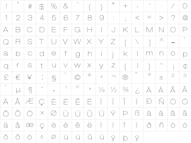 Helvetica Neue LT Regular  glyph index