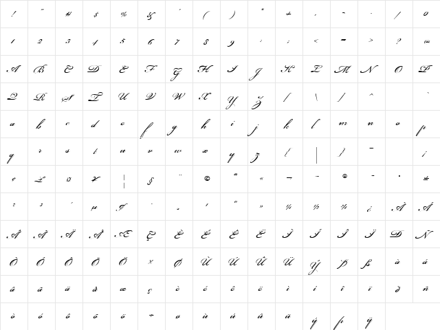 Bickham Script Itc Regular  glyph index