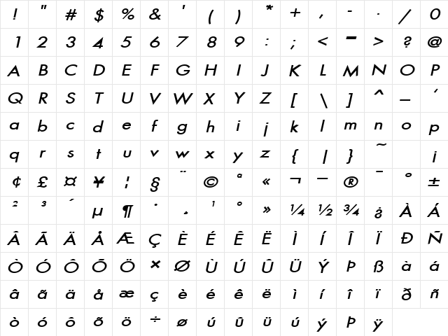 Beau-Extended Bold Italic  glyph index