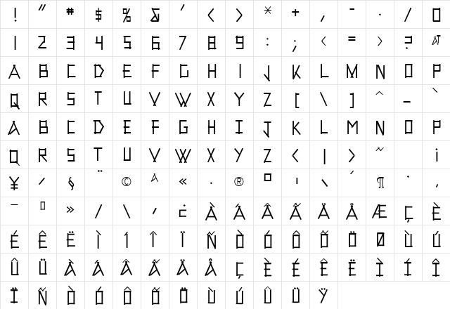 TapedUp Regular  glyph index