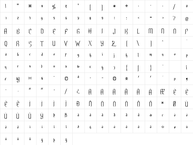 Charmed ii Light Regular  glyph index
