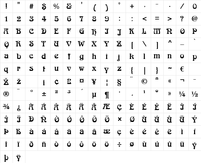 ArnoldBoecklin LT Regular  glyph index