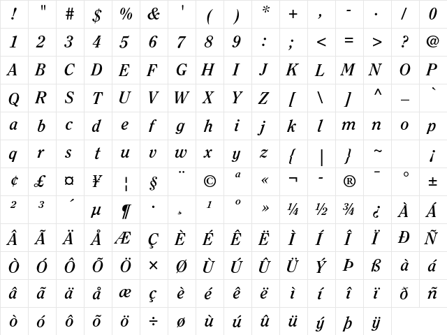 ITC Clearface Std Bold Italic  glyph index