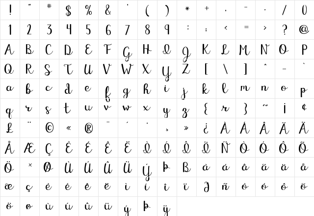 KG Eliza Schuyler Script Regular  glyph index