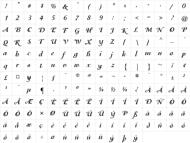 Isadora Regular Bold  glyph index