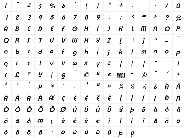 Xpressive BoldItalic  glyph index