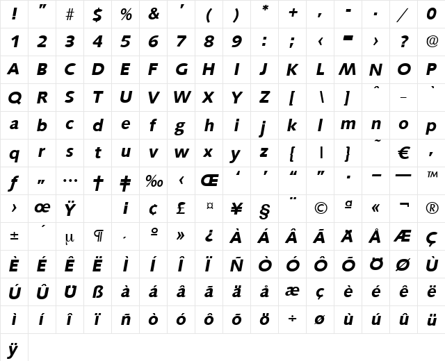 Saxony-DemiBoldIta Regular  glyph index