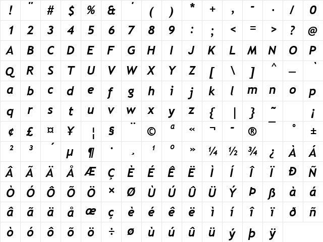 Trebuchet MS Bold Italic  glyph index