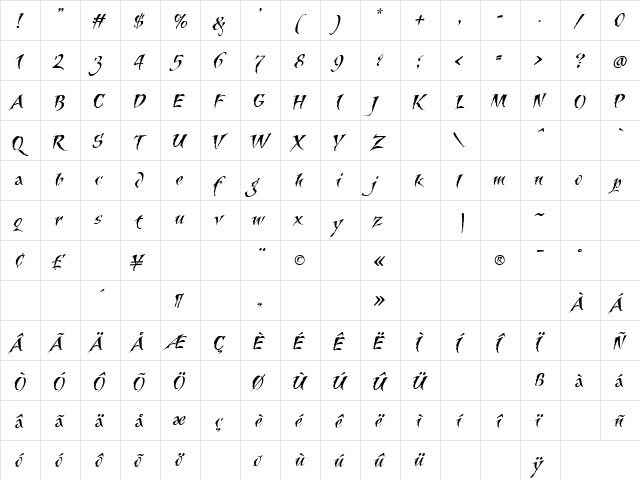 Beanwood Script Regular  glyph index