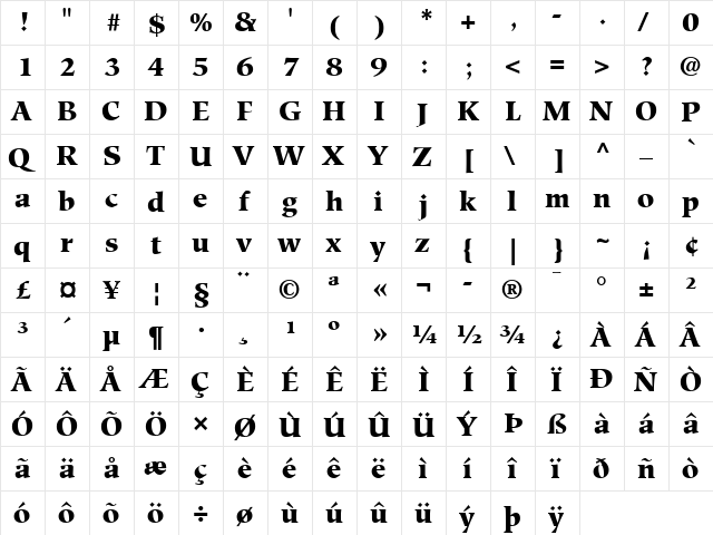 Hiroshige LT Medium Bold  glyph index