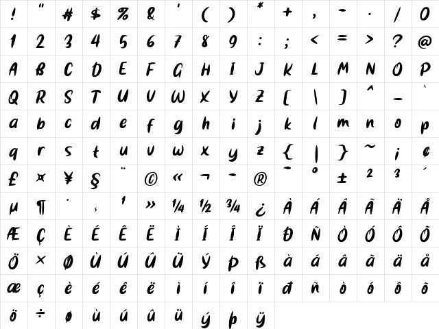 Bestina Regular  glyph index