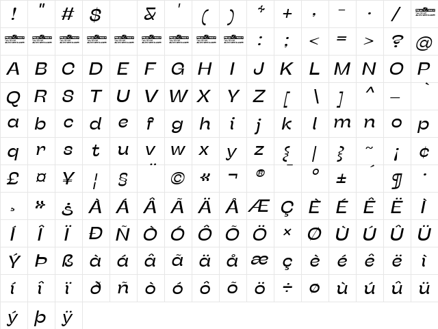 Stinger Wide Trial Italic  glyph index