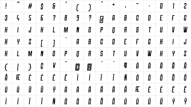Roguedash Solid Italic  glyph index