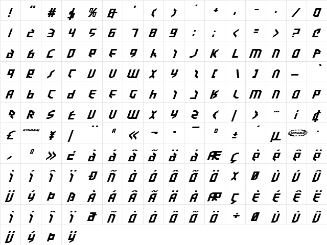 Valkyrie ExpBold Italic Regular  glyph index