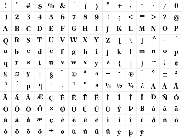 Cremona Bold  glyph index