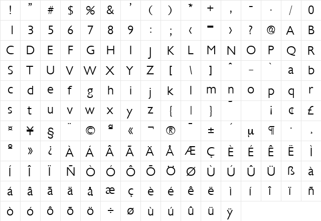 Chantilly-Serial-Light Regular  glyph index