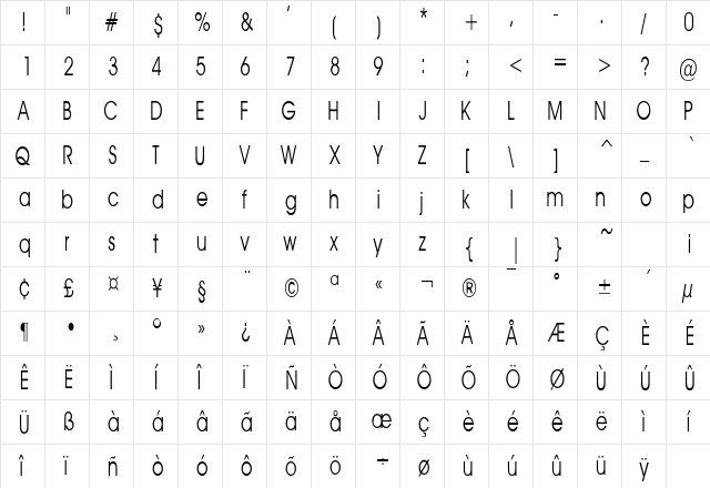 AvantGuardCondSW Regular  glyph index