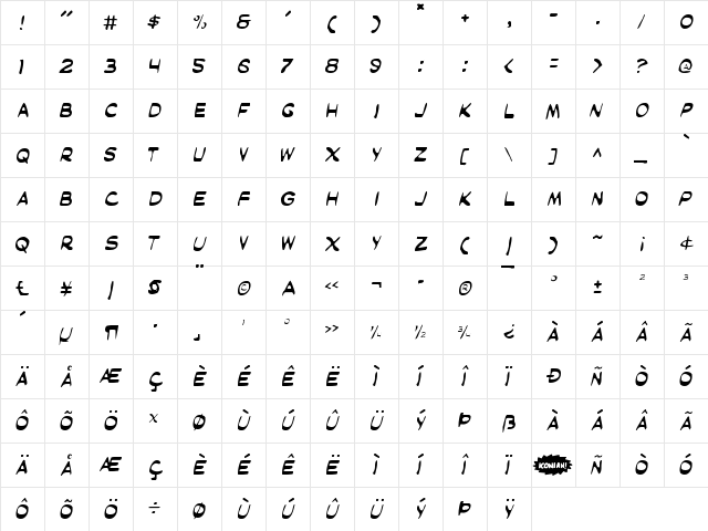 Masked Marvel Light Light  glyph index