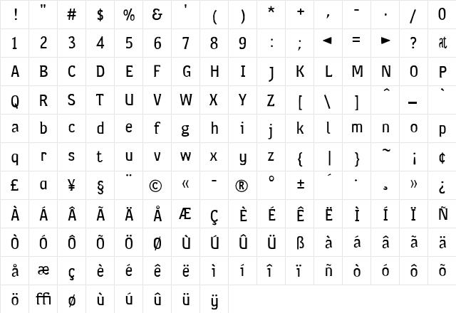 Cornwall Medium  glyph index