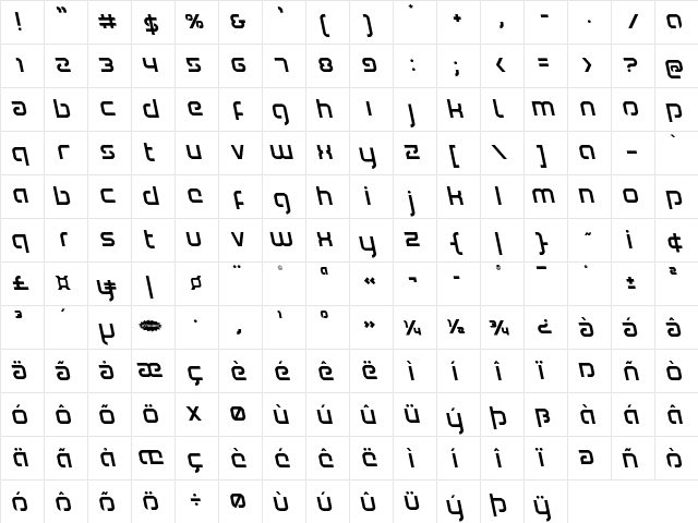 Youngerblood Leftalic Italic  glyph index