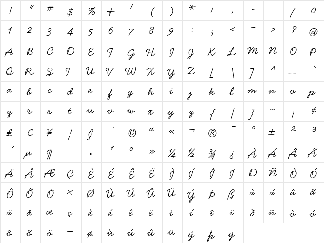 Handsome Regular  glyph index