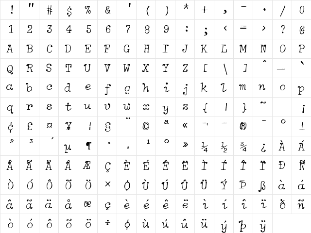 zai Soft Italic Typewriter Regular  glyph index