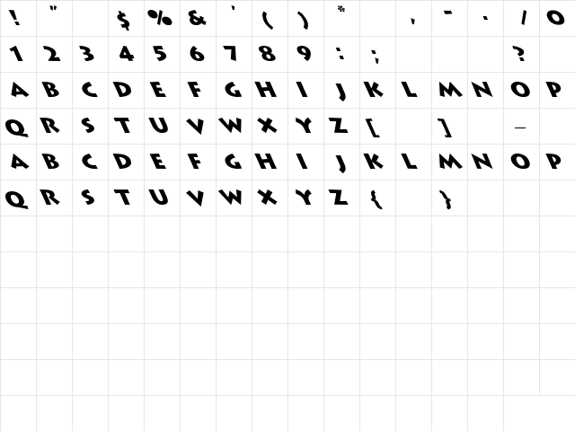 Lithograph Leftie Regular  glyph index