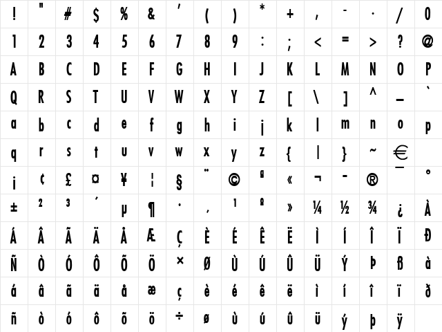 FujiCondensed Bold  glyph index