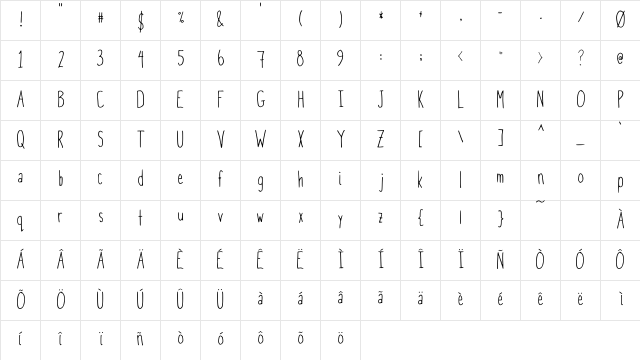 Skinny Me Regular  glyph index
