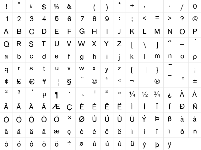 Ancona Regular  glyph index
