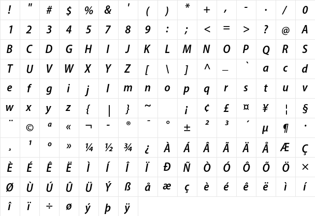 Myriad Pro Semibold SemiCondensed Italic  glyph index