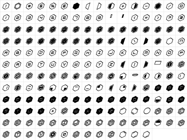 HEX:gon Bold Italic Bold Italic  glyph index