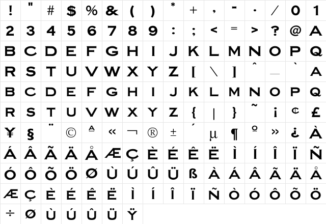 SteelplateGothicBold Regular  glyph index