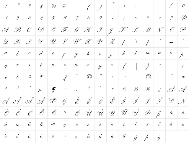 Shelley Script LT Std Regular  glyph index