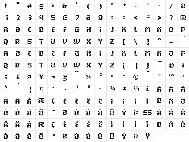 Dex Gothic D Regular  glyph index