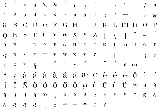 BodoniTwSixSL Regular  glyph index