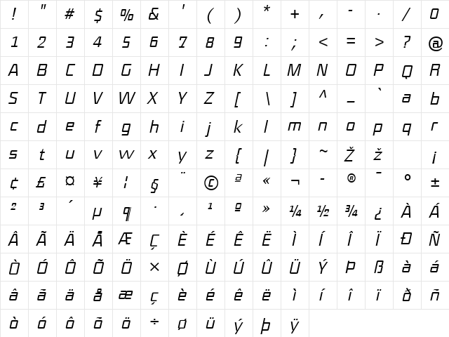 DistrictTF-LightItalic Regular  glyph index
