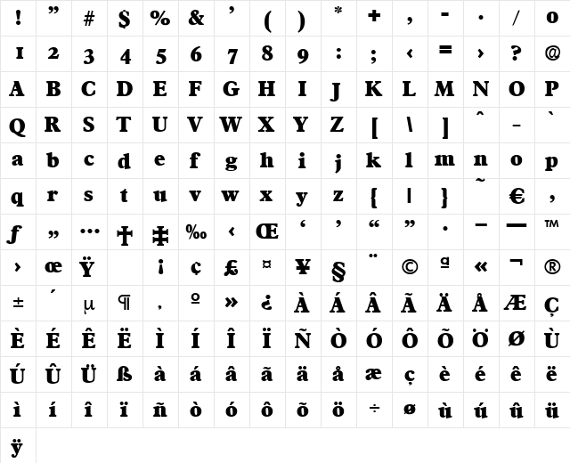 Francisco-ExtraBold Regular  glyph index