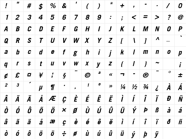 Trade Gothic LT Com Bold Oblique  glyph index