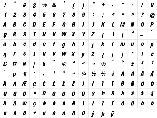 Akzidenz-Grotesk BQ Extra Bold Condensed Italic  glyph index